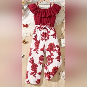 Jan - Girls Red Floral Off-Shoulder Jumpsuit | Dressy Summer Outfit